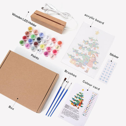 Little Girl by the Snowy Tree paint by numbers light-up sign – what's in the kit: the acrylic sheet, wooden LED base, numbered paints and brushes