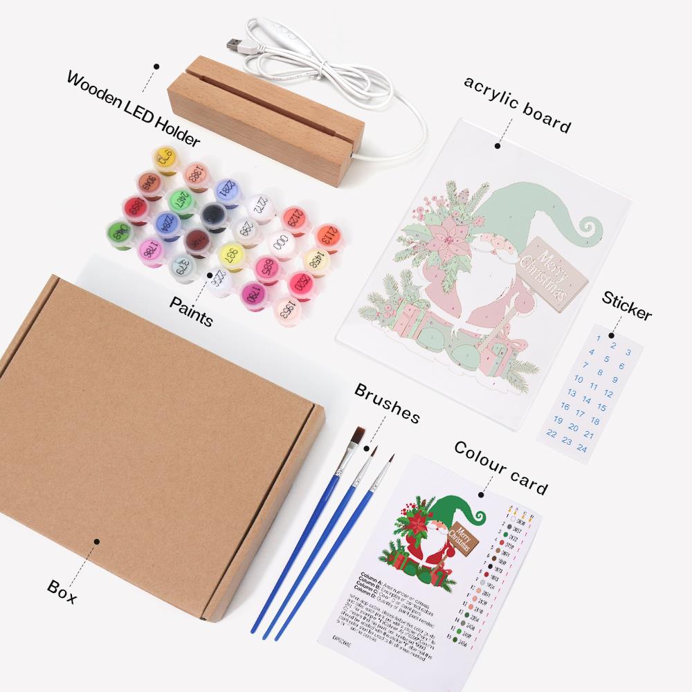 Green-Hat Gnome with Poinsettias paint by numbers light-up sign – what's in the kit: the acrylic sheet, wooden LED base, numbered paints and brushes