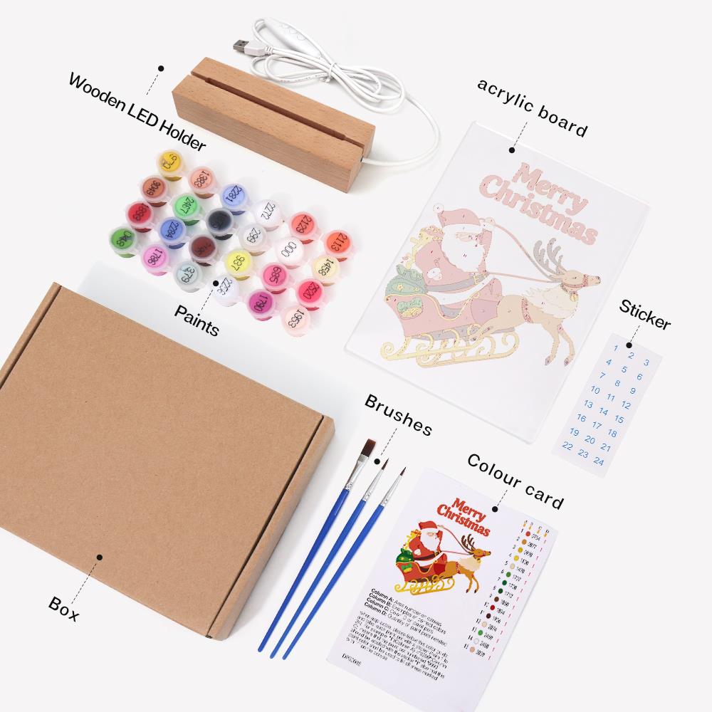 Reindeer Pulling Santa's Sleigh paint by numbers light-up sign – what's in the kit: the acrylic sheet, wooden LED base, numbered paints and brushes