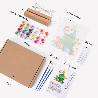 Santa Peeking From the Tree paint by numbers light-up sign – what's in the kit: the acrylic sheet, wooden LED base, numbered paints and brushes