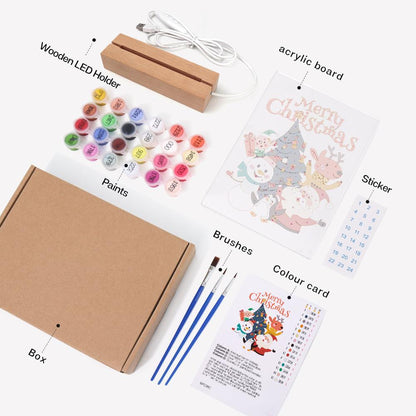 Santa's Snowman and Penguin Pals paint by numbers light-up sign – what's in the kit: the acrylic sheet, wooden LED base, numbered paints and brushes