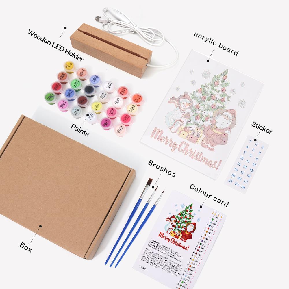 Snowy Pine with Santa and Snowman paint by numbers light-up sign – what's in the kit: the acrylic sheet, wooden LED base, numbered paints and brushes