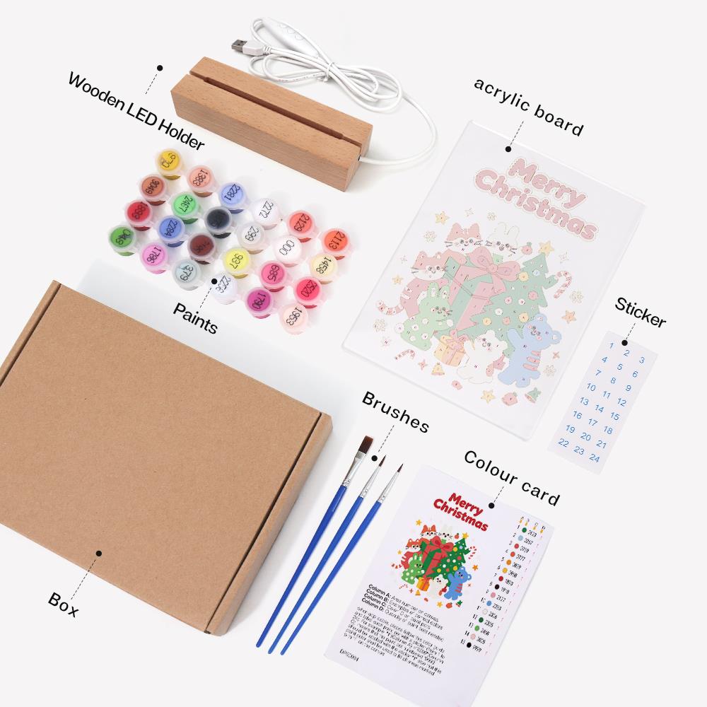 Bunny and Bear Gift Party paint by numbers light-up sign – what's in the kit: the acrylic sheet, wooden LED base, numbered paints and brushes