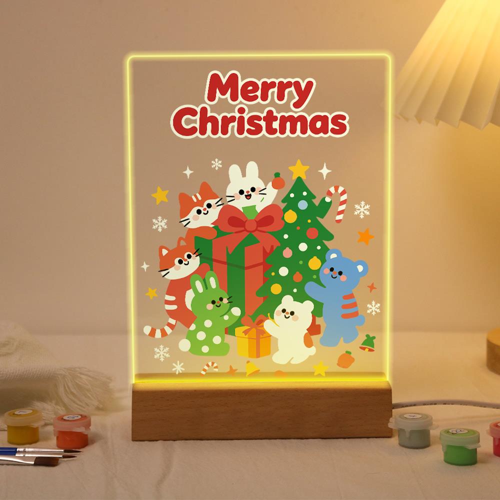 Bunny and Bear Gift Party paint by numbers light-up sign – Cartoon fox, bunnies and bears gathered around a big red gift and a Christmas tree, Merry Christmas lettering, lit up on its wooden base