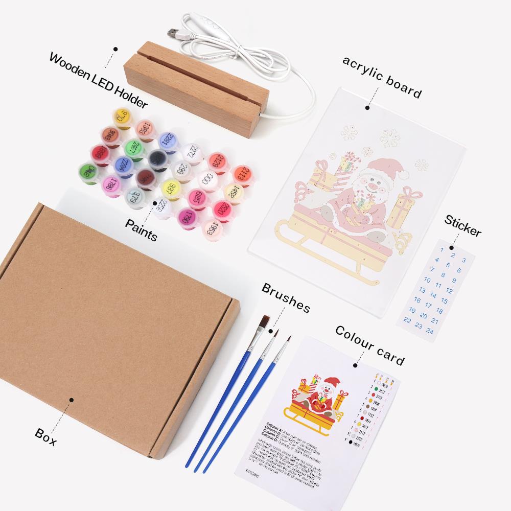 Santa's Candy-Cane Sleigh paint by numbers light-up sign – what's in the kit: the acrylic sheet, wooden LED base, numbered paints and brushes