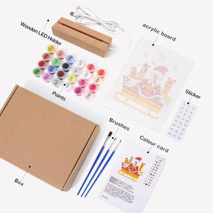 Santa's Candy-Cane Sleigh paint by numbers light-up sign – what's in the kit: the acrylic sheet, wooden LED base, numbered paints and brushes