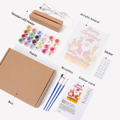 Waving Santa with Stacked Gifts paint by numbers light-up sign – what's in the kit: the acrylic sheet, wooden LED base, numbered paints and brushes