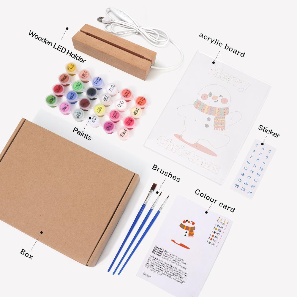Strolling Snowman in a Knit Scarf paint by numbers light-up sign – what's in the kit: the acrylic sheet, wooden LED base, numbered paints and brushes