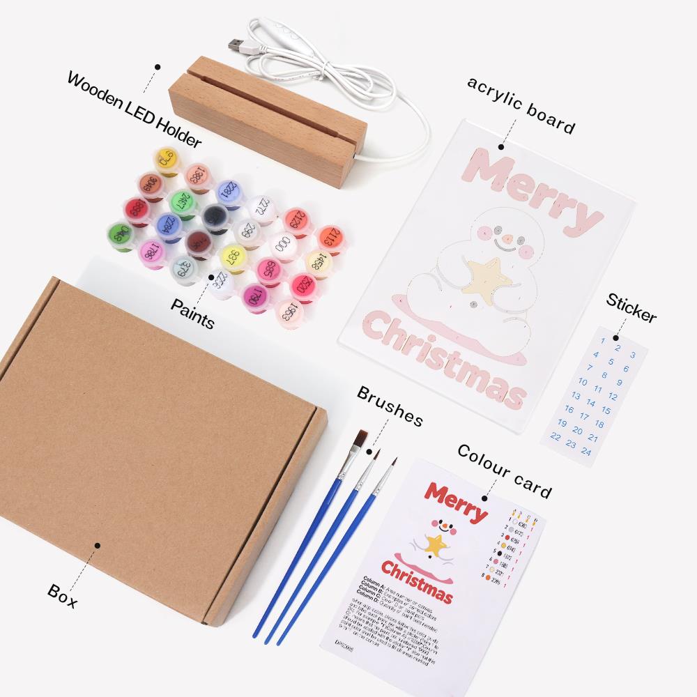 Snowman Hugging a Gold Star paint by numbers light-up sign – what's in the kit: the acrylic sheet, wooden LED base, numbered paints and brushes
