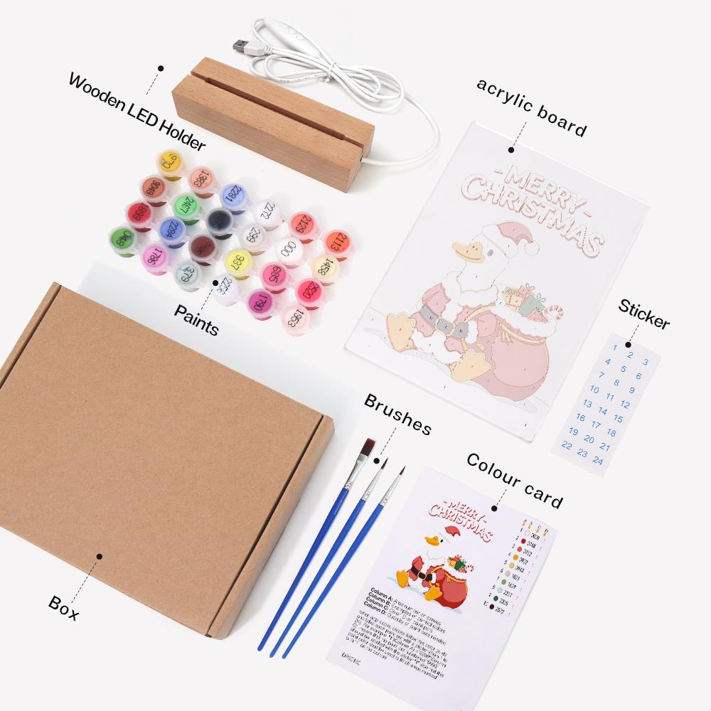 Duck with Santa's Gift Sack paint by numbers light-up sign – what's in the kit: the acrylic sheet, wooden LED base, numbered paints and brushes