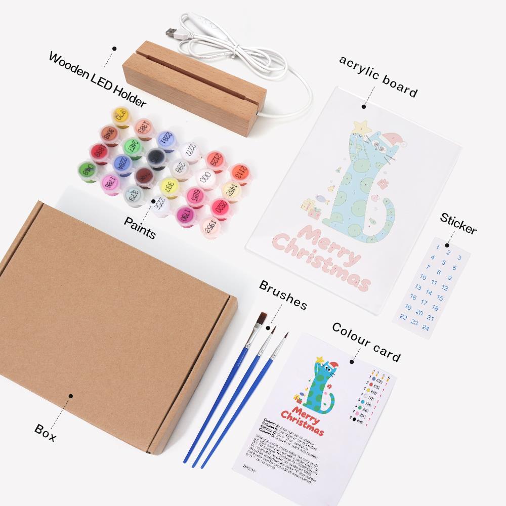 Polka-Dot Cat Reaching for a Star paint by numbers light-up sign – what's in the kit: the acrylic sheet, wooden LED base, numbered paints and brushes