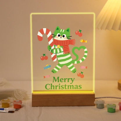 Candy-Cane Cat in a Red Scarf paint by numbers light-up sign – Green-striped cat in a red scarf hugging a big candy cane, its tail curled into a heart, with cherries and fish, lit up on its wooden base