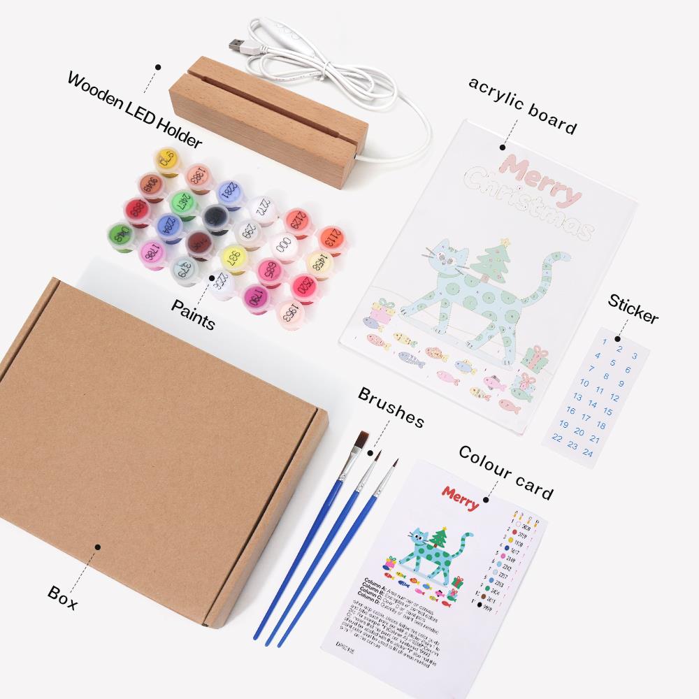 Spotted Cat Carrying a Tiny Tree paint by numbers light-up sign – what's in the kit: the acrylic sheet, wooden LED base, numbered paints and brushes