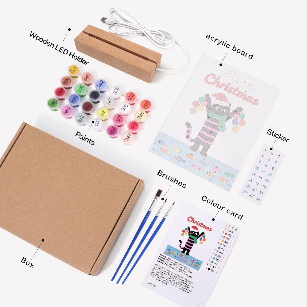 Santa-Hat Cat with Bauble Garland paint by numbers light-up sign – what's in the kit: the acrylic sheet, wooden LED base, numbered paints and brushes
