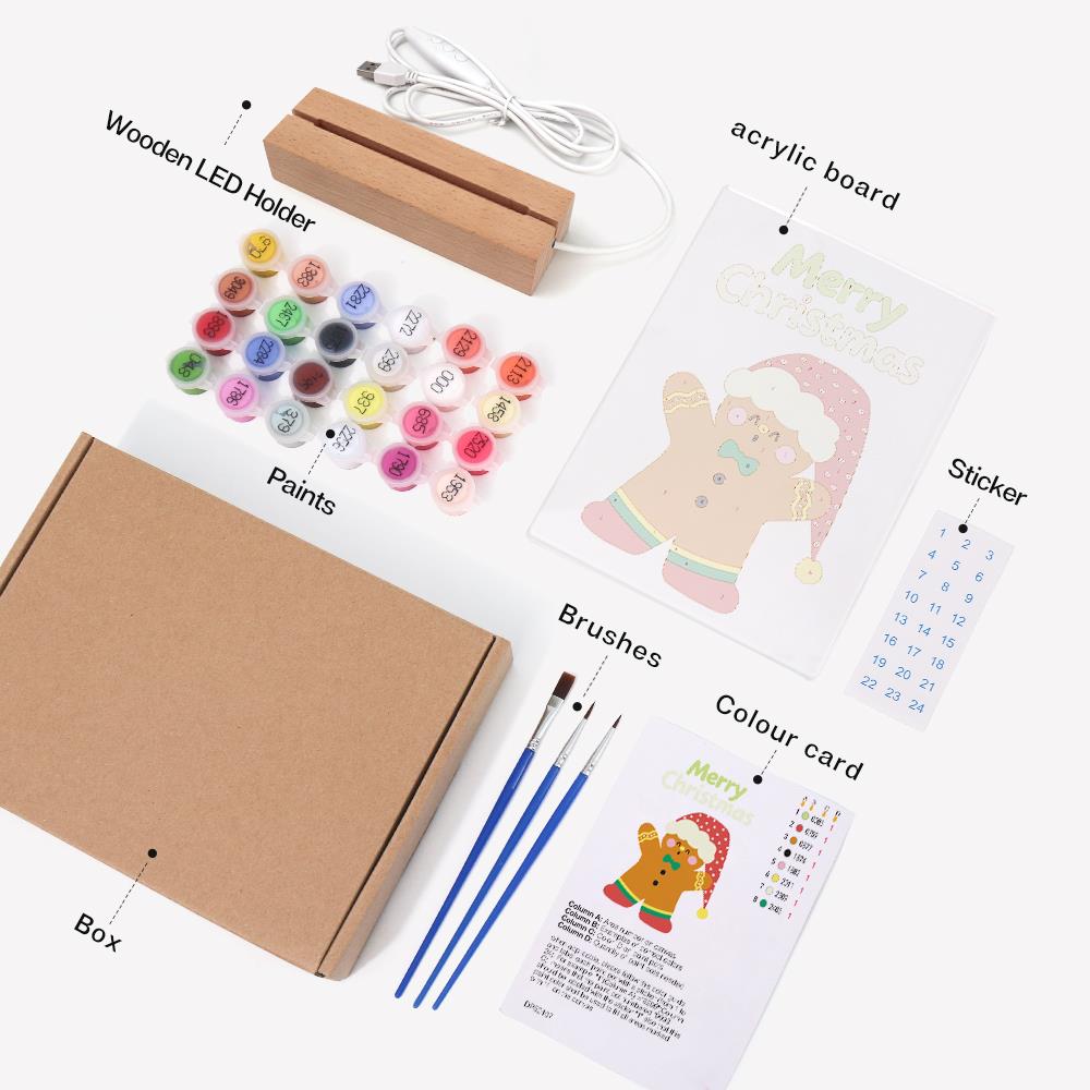 Gingerbread Man in a Floppy Hat paint by numbers light-up sign – what's in the kit: the acrylic sheet, wooden LED base, numbered paints and brushes