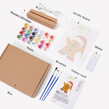 Gingerbread Man in a Floppy Hat paint by numbers light-up sign – what's in the kit: the acrylic sheet, wooden LED base, numbered paints and brushes