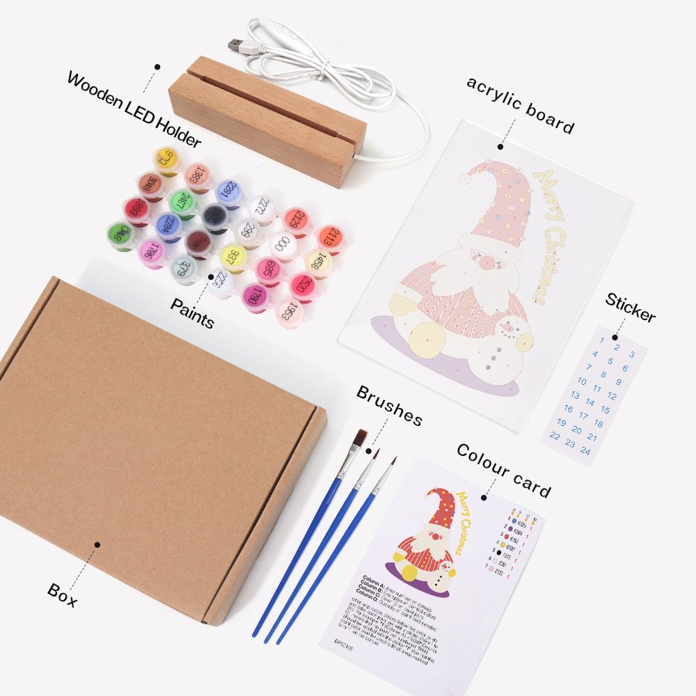 Tall-Hat Santa and Tiny Snowman paint by numbers light-up sign – what's in the kit: the acrylic sheet, wooden LED base, numbered paints and brushes