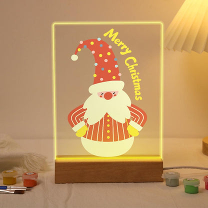 Roly-Poly Santa in Stripes paint by numbers light-up sign – Plump Santa in a polka-dot hat and striped red sweater with yellow mittens beside curved Merry Christmas, lit up on its wooden base
