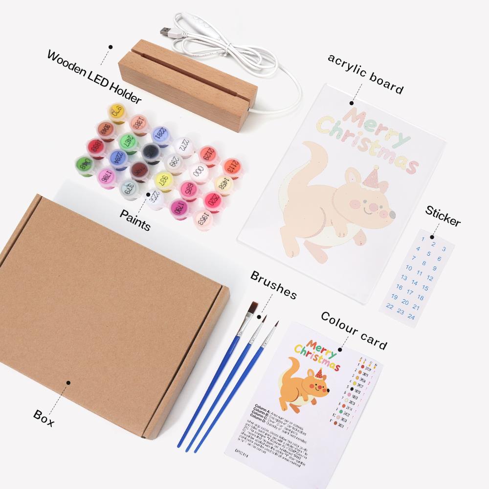 Hopping Holiday Kangaroo paint by numbers light-up sign – what's in the kit: the acrylic sheet, wooden LED base, numbered paints and brushes