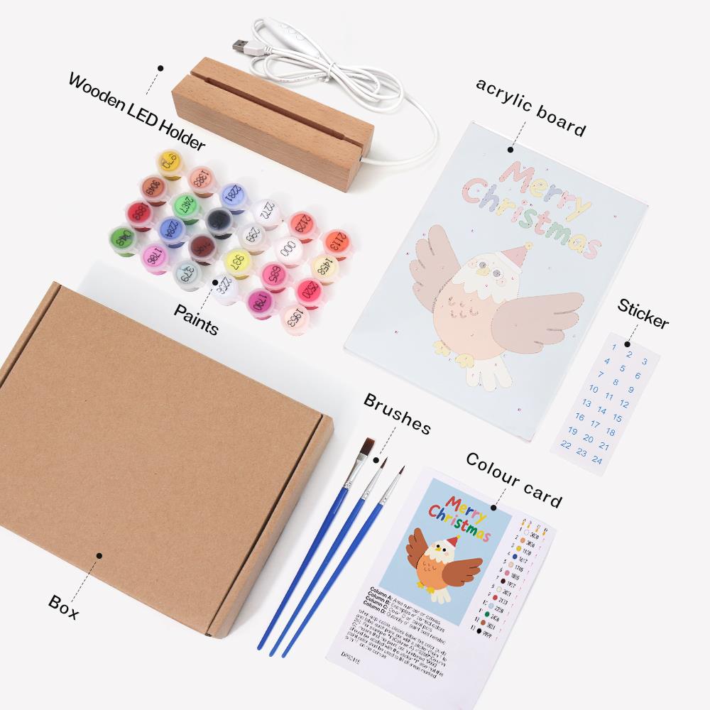 Eagle Spreading Festive Wings paint by numbers light-up sign – what's in the kit: the acrylic sheet, wooden LED base, numbered paints and brushes