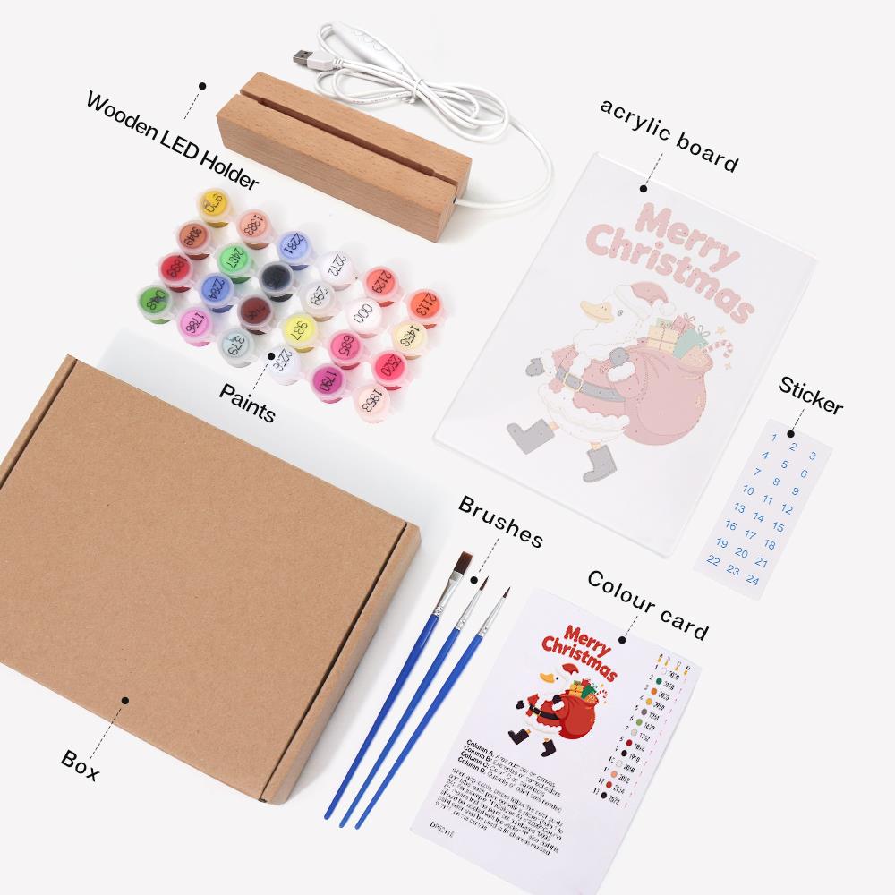 Santa Duck with a Gift Sack paint by numbers light-up sign – what's in the kit: the acrylic sheet, wooden LED base, numbered paints and brushes