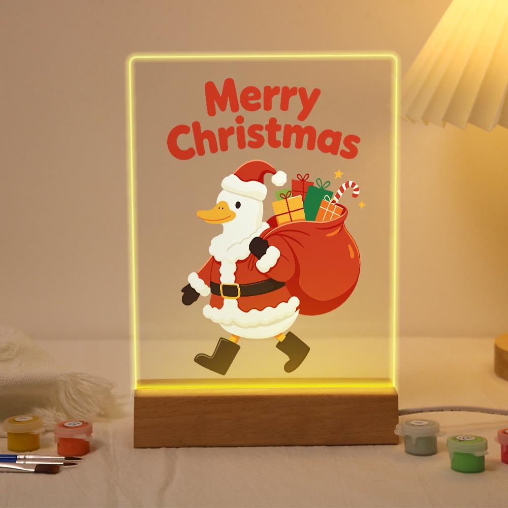 Santa Duck with a Gift Sack paint by numbers light-up sign – White duck dressed as Santa carrying a big red sack of presents and candy canes, lit up on its wooden base