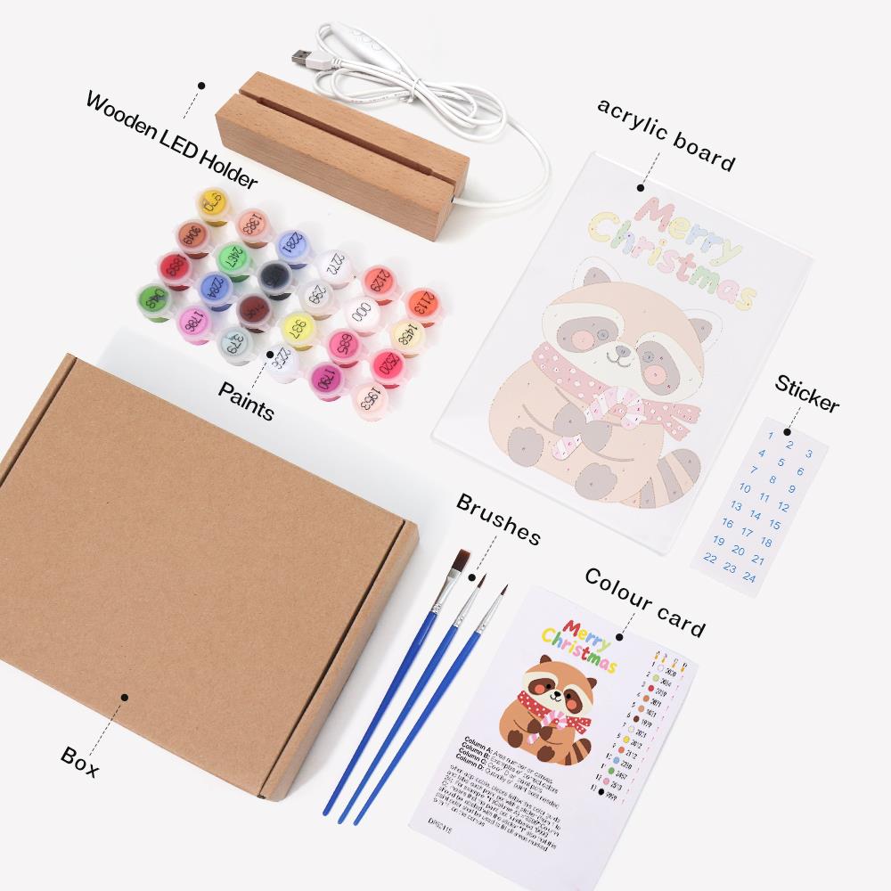 Candy Cane Raccoon paint by numbers light-up sign – what's in the kit: the acrylic sheet, wooden LED base, numbered paints and brushes