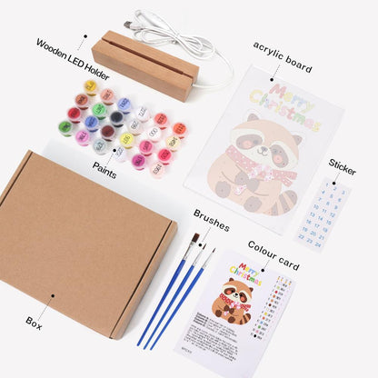 Candy Cane Raccoon paint by numbers light-up sign – what's in the kit: the acrylic sheet, wooden LED base, numbered paints and brushes