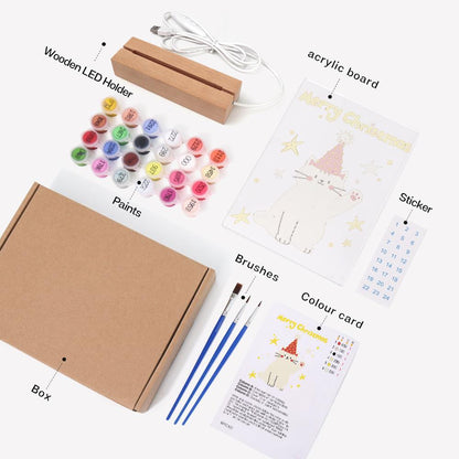 Waving Cat in a Party Hat paint by numbers light-up sign – what's in the kit: the acrylic sheet, wooden LED base, numbered paints and brushes