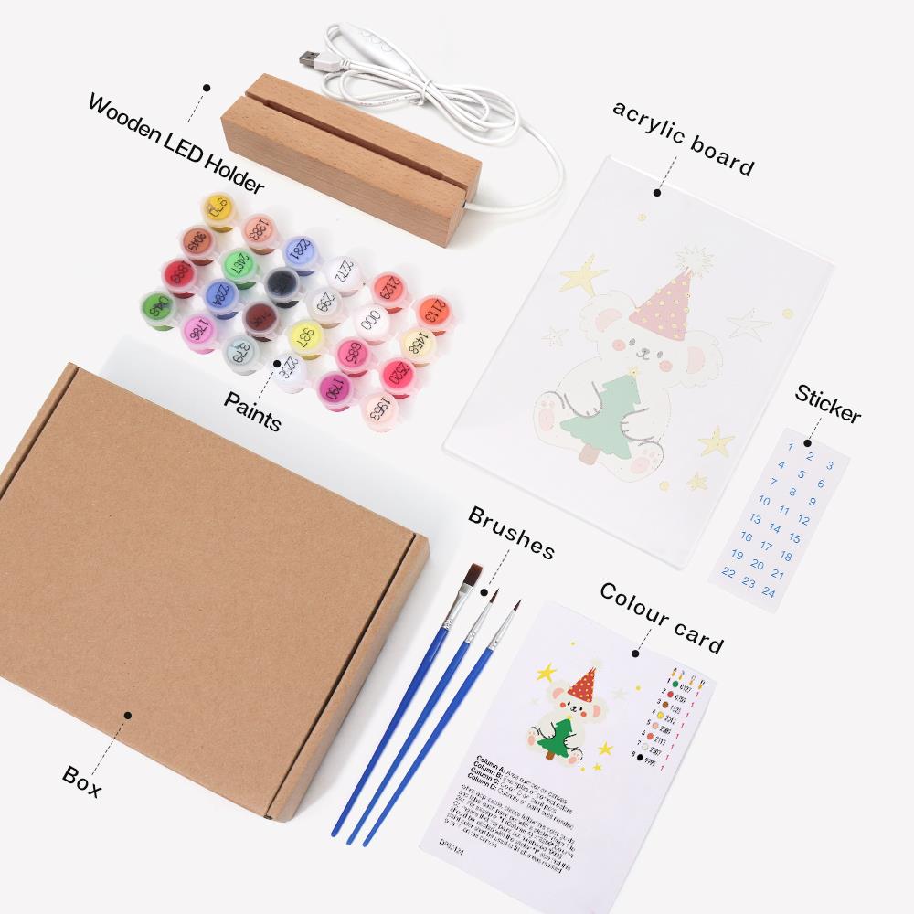 Teddy Bear Hugging a Little Tree paint by numbers light-up sign – what's in the kit: the acrylic sheet, wooden LED base, numbered paints and brushes