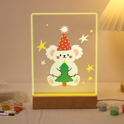 Teddy Bear Hugging a Little Tree paint by numbers light-up sign – Cream teddy bear in a red polka-dot party hat hugging a small green Christmas tree among stars, lit up on its wooden base