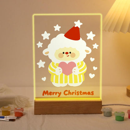 Sweater Sheep Holding a Heart paint by numbers light-up sign – Fluffy sheep in a Santa hat and yellow striped sweater holding a pink heart among stars and hearts, lit up on its wooden base