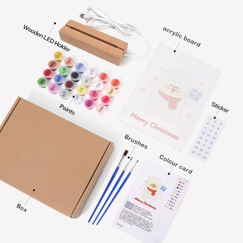 Fluffy Sheep with a Blue Gift paint by numbers light-up sign – what's in the kit: the acrylic sheet, wooden LED base, numbered paints and brushes