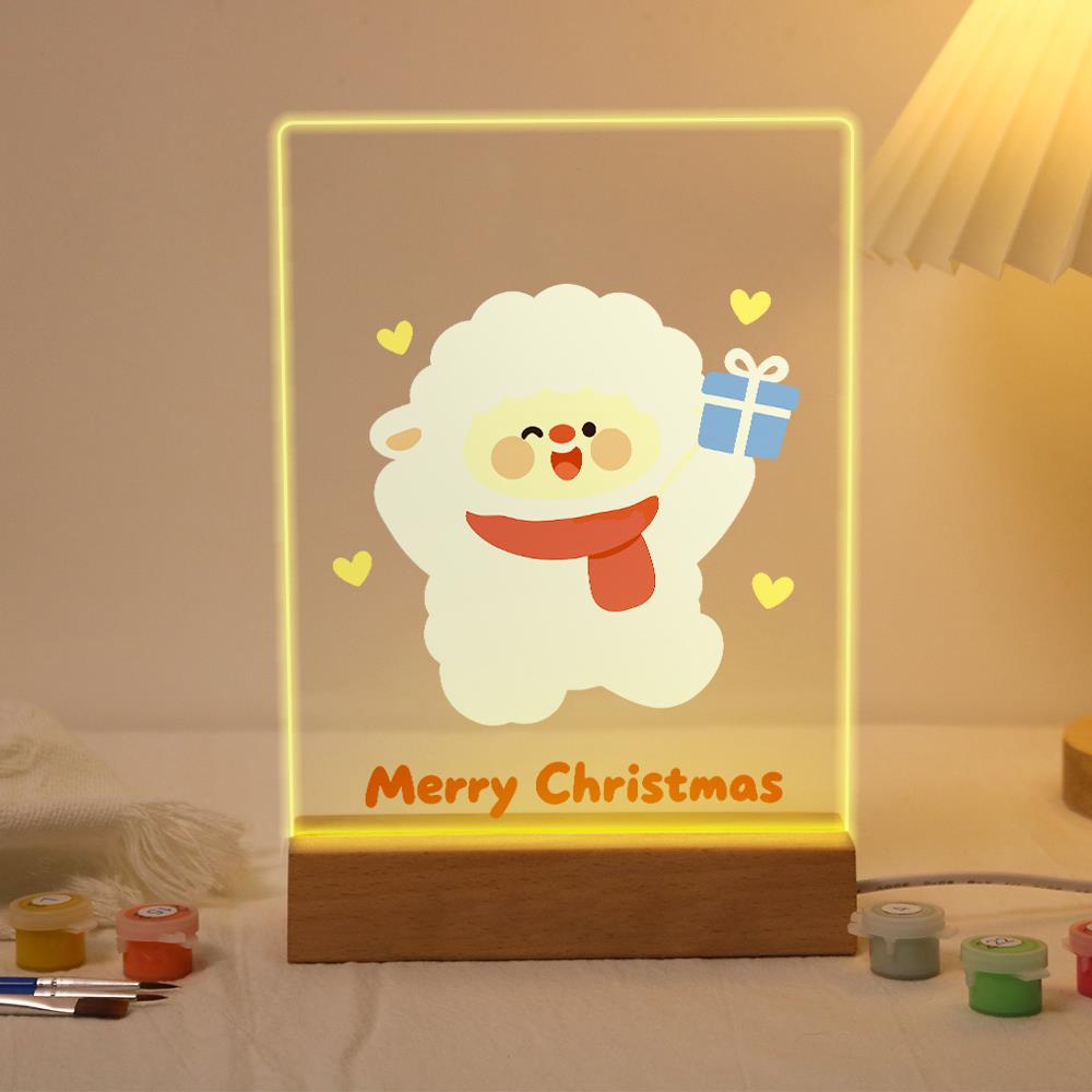 Fluffy Sheep with a Blue Gift paint by numbers light-up sign – Smiling fluffy white sheep in a red scarf raising a blue gift box among little yellow hearts, lit up on its wooden base