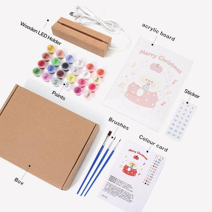 Caroling Sheep with a Microphone paint by numbers light-up sign – what's in the kit: the acrylic sheet, wooden LED base, numbered paints and brushes