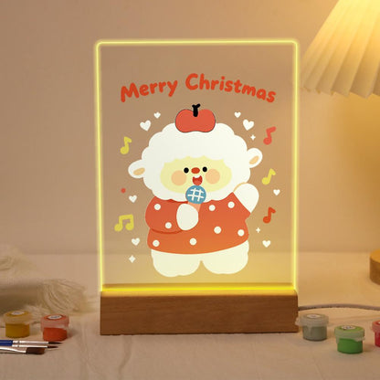 Caroling Sheep with a Microphone paint by numbers light-up sign – Fluffy sheep with an apple on its head singing into a microphone in a red polka-dot top among music notes, lit up on its wooden base