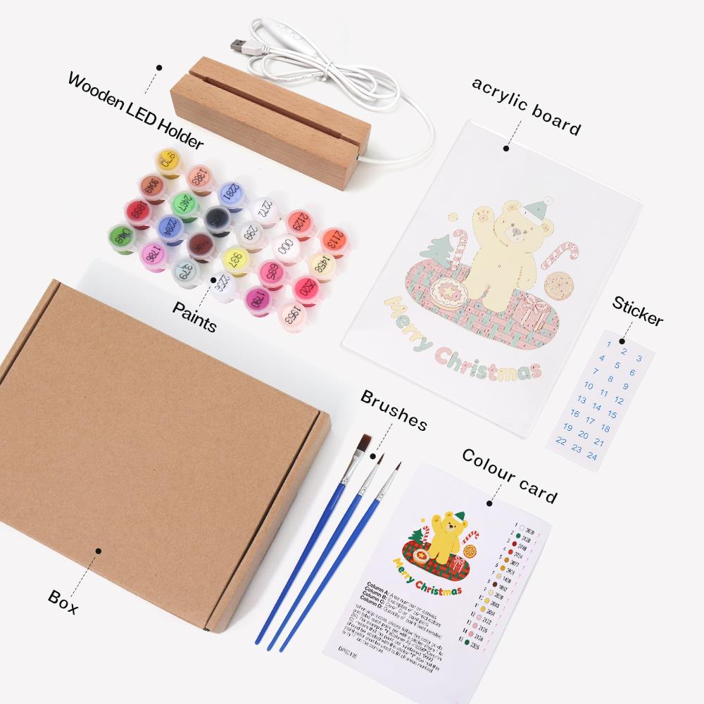 Elf Hat Bear's Holiday Picnic paint by numbers light-up sign – what's in the kit: the acrylic sheet, wooden LED base, numbered paints and brushes