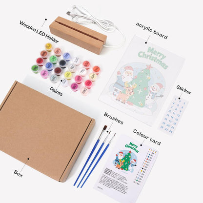 Santa, Snowman and Reindeer Trio paint by numbers light-up sign – what's in the kit: the acrylic sheet, wooden LED base, numbered paints and brushes