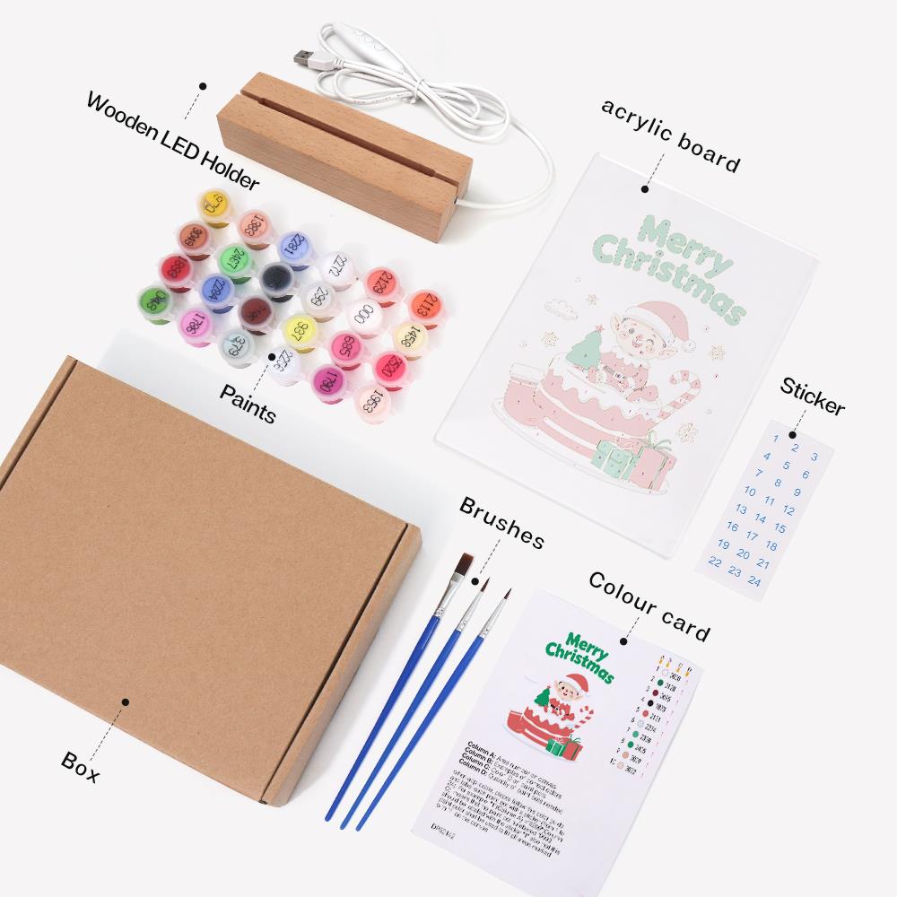Elf Atop a Christmas Cake paint by numbers light-up sign – what's in the kit: the acrylic sheet, wooden LED base, numbered paints and brushes