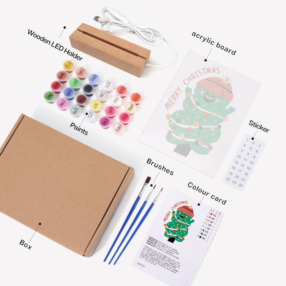 Grinning Tree in a Knit Beanie paint by numbers light-up sign – what's in the kit: the acrylic sheet, wooden LED base, numbered paints and brushes