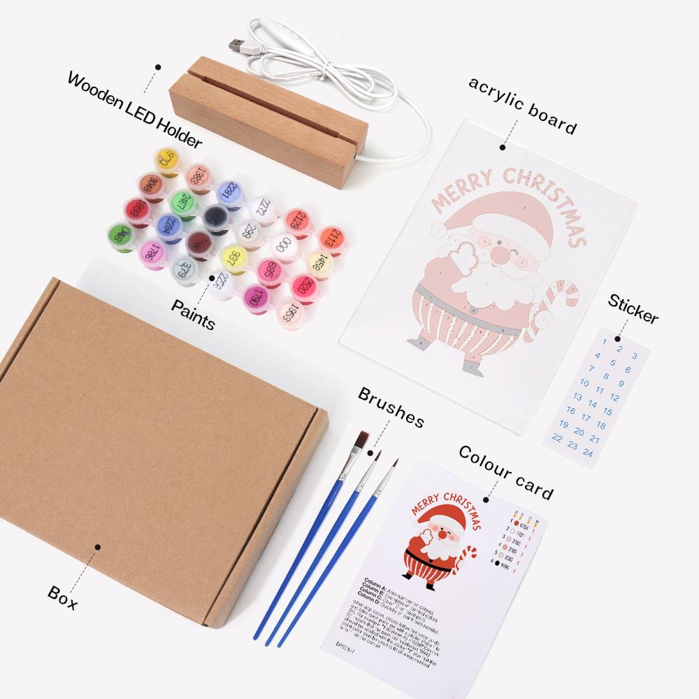 Winking Santa with a Candy Cane paint by numbers light-up sign – what's in the kit: the acrylic sheet, wooden LED base, numbered paints and brushes
