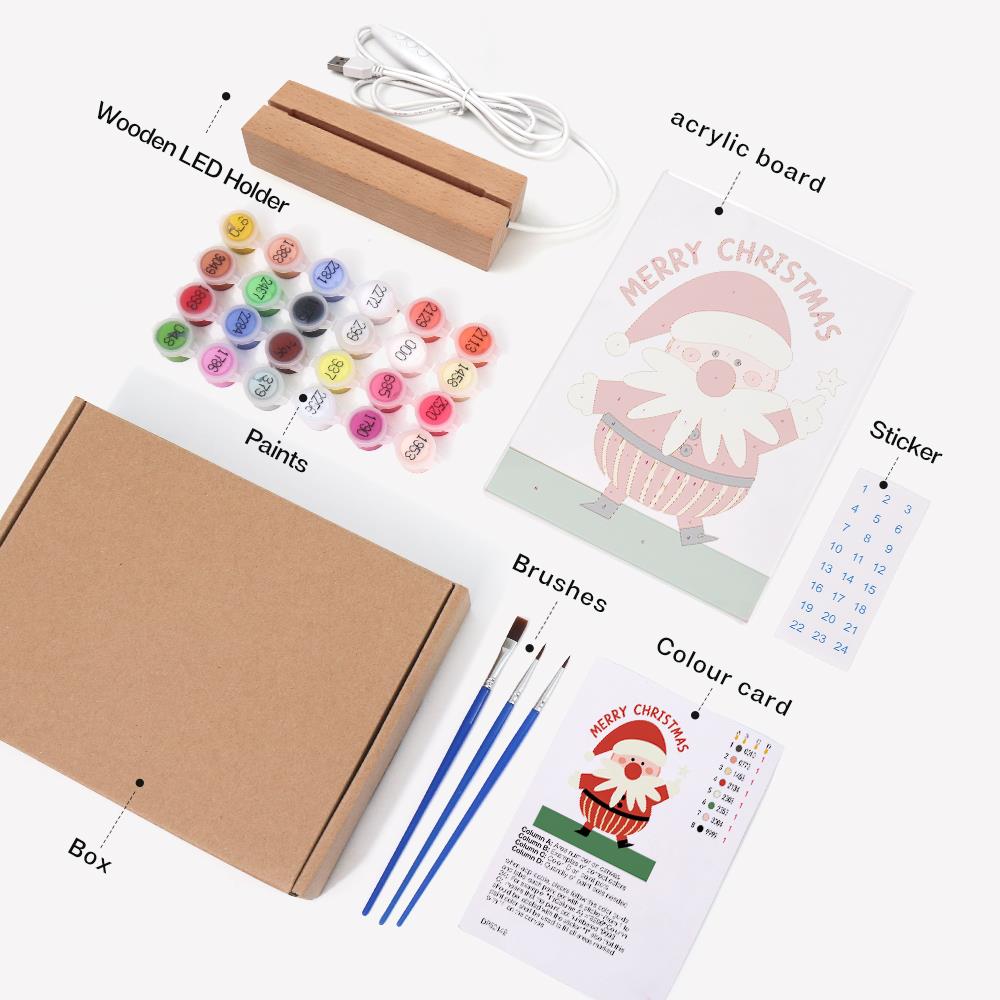 Santa Pointing to a Star paint by numbers light-up sign – what's in the kit: the acrylic sheet, wooden LED base, numbered paints and brushes
