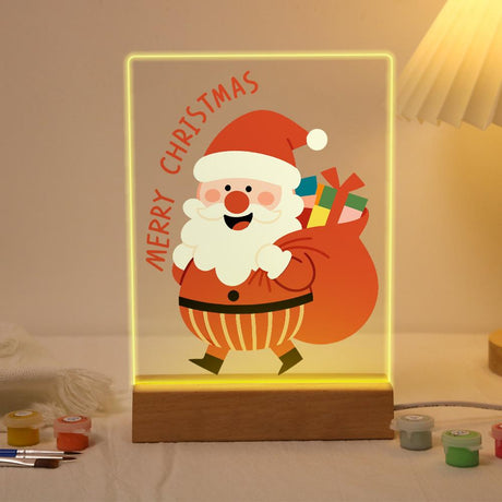 Santa Off to Deliver Gifts paint by numbers light-up sign – Smiling Santa walking with a big red sack of wrapped gifts over his shoulder, lit up on its wooden base