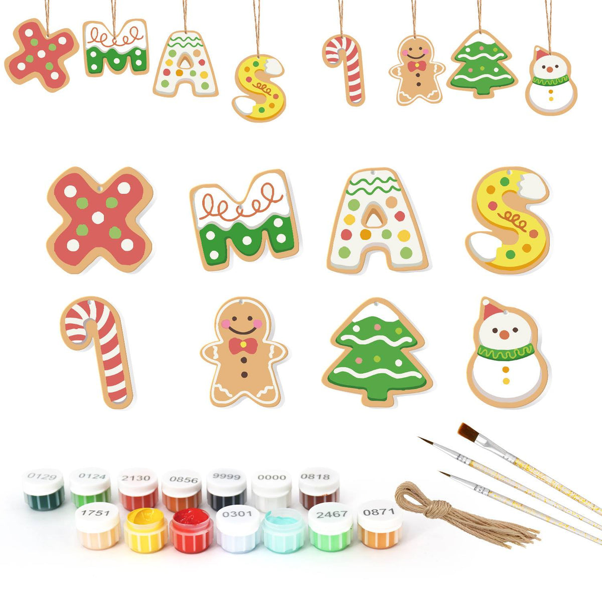 Spell-It-Out Xmas Cookies ornament set – Eight iced cookies: the letters X, M, A and S plus a candy cane, gingerbread man, Christmas tree and snowman