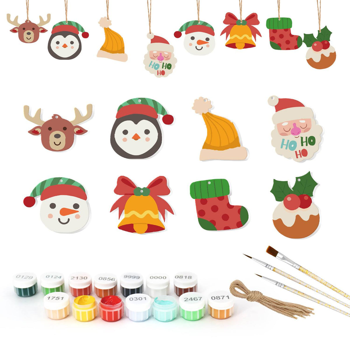 Penguin and Christmas Pudding ornament set – Eight cartoon shapes: reindeer, hatted penguin, yellow beanie, Ho Ho Ho Santa, snowman, bell, stocking, pudding