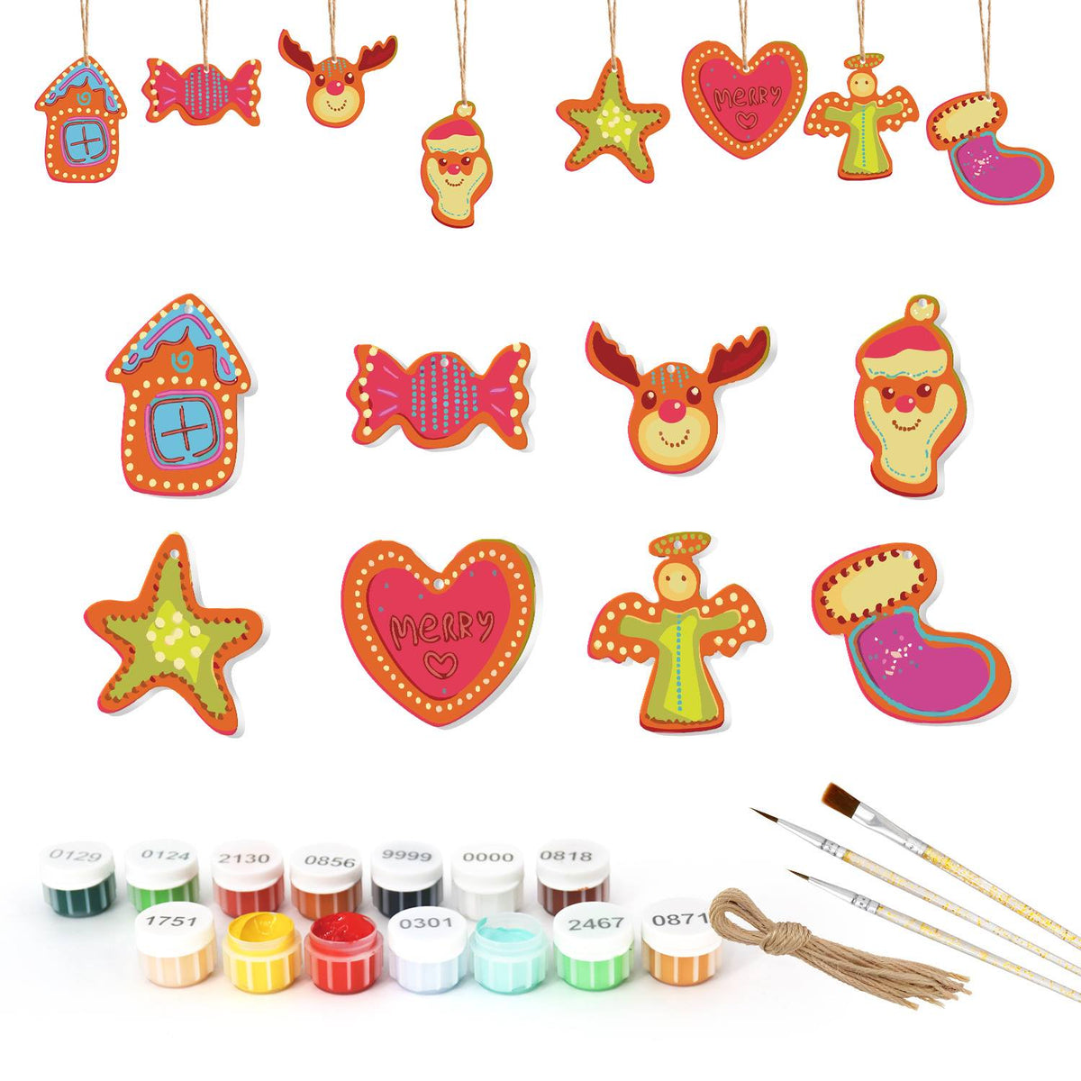Hot Pink Stocking and Candy ornament set – Eight brightly iced cookies: blue house, pink candy, reindeer, Santa, green star, lettered heart, angel, stocking