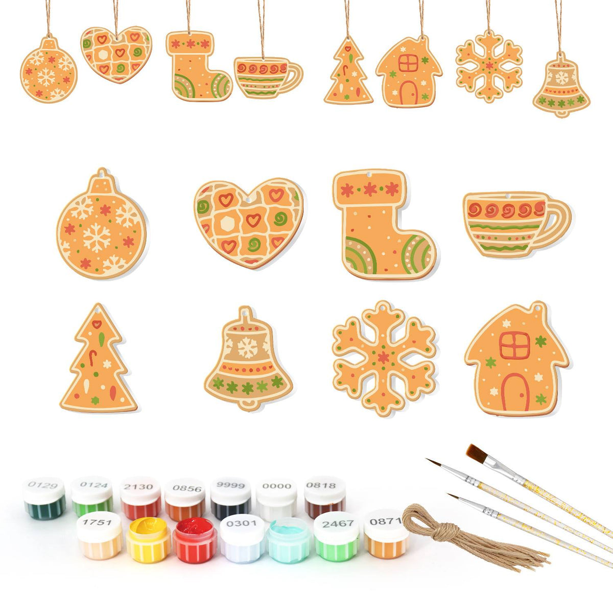 Honey Teacup and Patchwork Heart ornament set – Eight golden cookies with pastel icing: bauble, patchwork heart, boot, teacup, tree, bell, snowflake and house