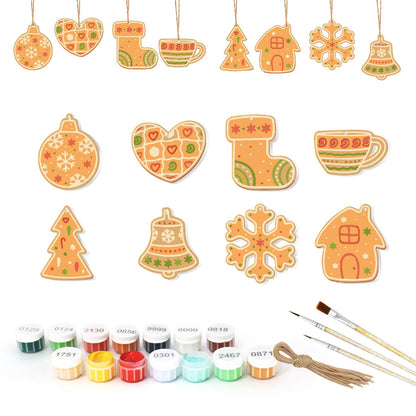 Honey Teacup and Patchwork Heart ornament set – Eight golden cookies with pastel icing: bauble, patchwork heart, boot, teacup, tree, bell, snowflake and house