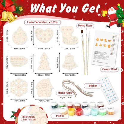 Honey Teacup and Patchwork Heart ornament set – what's in the kit: the 8 linen ornaments, numbered paints, brushes, hemp rope, color card and stickers
