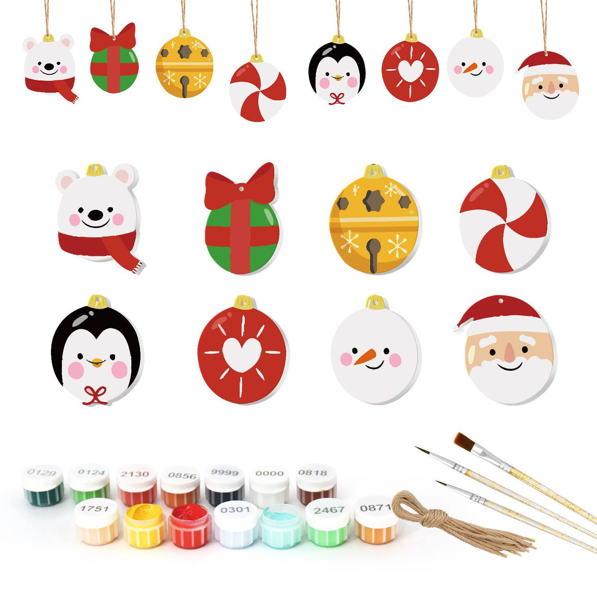 Polar Bear and Penguin Faces ornament set – Eight circular cartoon shapes: polar bear, gift, gold bell, peppermint, penguin, heart, snowman and Santa faces